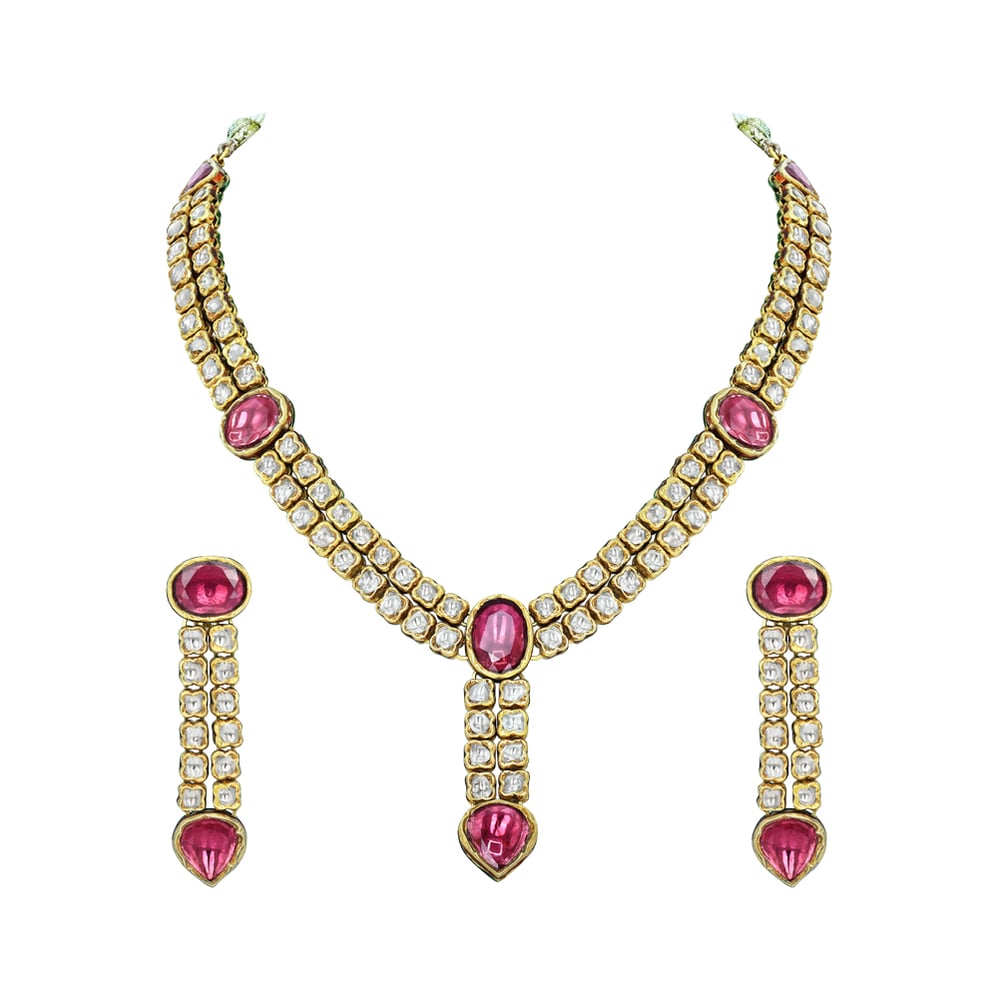 Polki Diamond Necklace Set with Deep Pink Gemstones and Drop